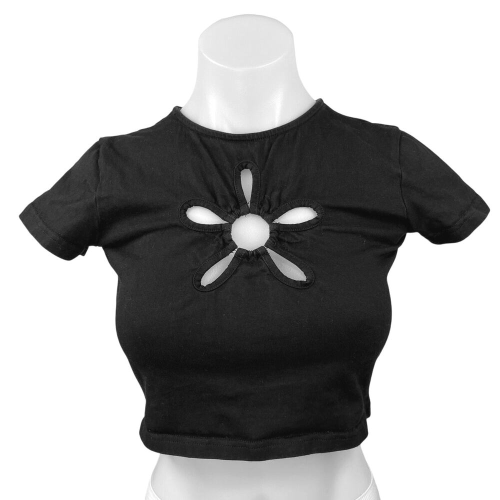 Finesse Black Flower Cutout Crew Neck Short Sleeve Casual Crop Tee Top Size XS